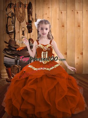Rust Red Straps Neckline Embroidery and Ruffles Little Girls Pageant Dress Wholesale Sleeveless Lace Up