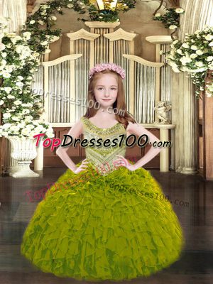 Simple Olive Green Sleeveless Floor Length Beading and Ruffles Lace Up Kids Pageant Dress