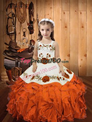 Orange Red Ball Gowns Organza Straps Sleeveless Embroidery and Ruffles Floor Length Lace Up Girls Pageant Dresses