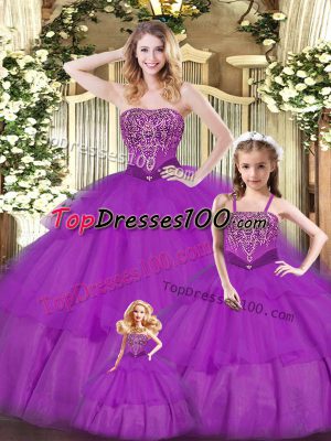 Great Purple Sleeveless Floor Length Ruffled Layers Lace Up Sweet 16 Quinceanera Dress