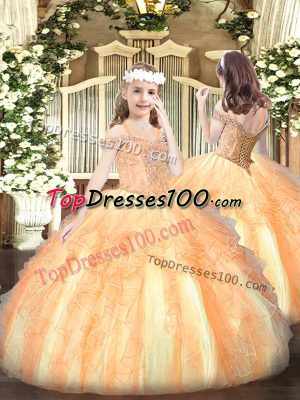 Sweet Off The Shoulder Sleeveless Little Girls Pageant Gowns Floor Length Beading and Ruffles Orange Organza