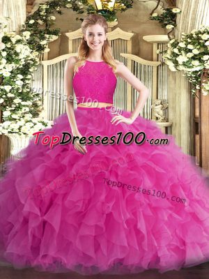 Hot Pink Two Pieces Tulle Scoop Sleeveless Ruffles Floor Length Zipper 15th Birthday Dress