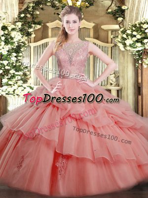 Scoop Sleeveless Tulle Quinceanera Gown Beading and Ruffled Layers Backless