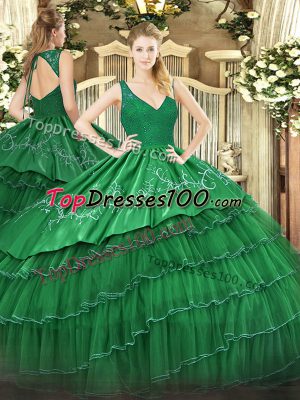 Low Price V-neck Sleeveless Quinceanera Gown Floor Length Beading and Lace and Embroidery and Ruffled Layers Dark Green Organza and Taffeta