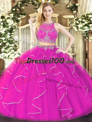 Floor Length Fuchsia Vestidos de Quinceanera Organza Sleeveless Ruffles