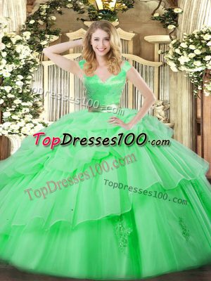 Excellent Sleeveless Organza Floor Length Zipper Quince Ball Gowns in Green with Ruffled Layers