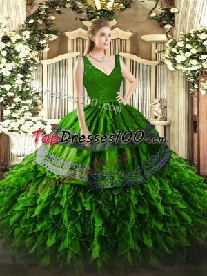 Great V-neck Sleeveless Ball Gown Prom Dress Floor Length Beading and Lace and Ruffles Green Organza