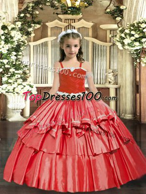 Coral Red Ball Gowns Appliques and Ruffled Layers Little Girls Pageant Dress Wholesale Lace Up Organza Sleeveless Floor Length