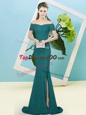 Popular Turquoise Short Sleeves Sweep Train Sequins Homecoming Dress