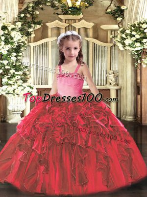 Organza Straps Sleeveless Lace Up Appliques and Ruffles Little Girl Pageant Gowns in Red