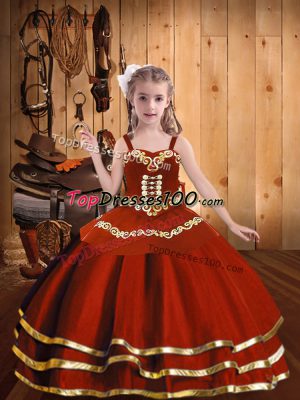 Rust Red Straps Neckline Embroidery and Ruffles Girls Pageant Dresses Sleeveless Lace Up