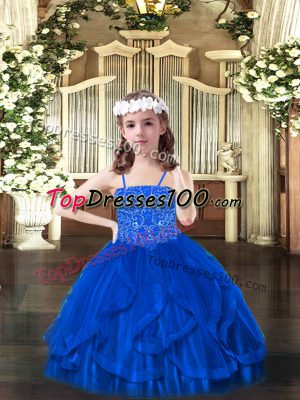 Blue Girls Pageant Dresses Party and Quinceanera with Beading and Ruffles Spaghetti Straps Sleeveless Lace Up
