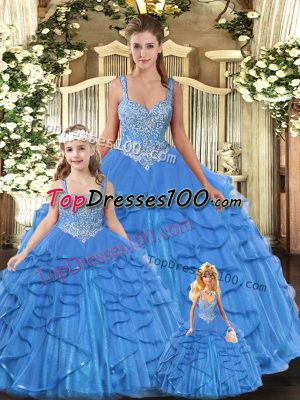 Aqua Blue Sleeveless Beading and Ruffles Floor Length Quinceanera Gown