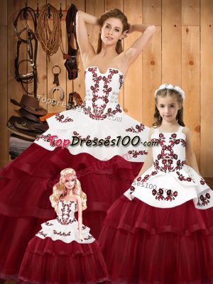 Best Lace Up Sweet 16 Dresses Wine Red for Military Ball and Sweet 16 and Quinceanera with Embroidery Sweep Train