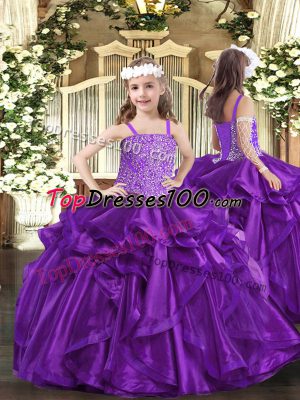 Amazing Sleeveless Floor Length Beading and Ruffles Lace Up Pageant Gowns For Girls with Purple