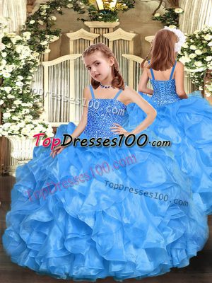 Latest Sleeveless Floor Length Beading and Ruffles Zipper Little Girls Pageant Gowns with Baby Blue