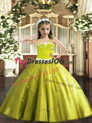 Fancy Tulle Straps Sleeveless Lace Up Appliques Kids Pageant Dress in Yellow Green