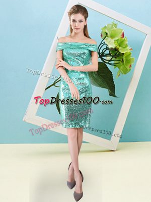 Turquoise Short Sleeves Mini Length Sequins Zipper Evening Dress