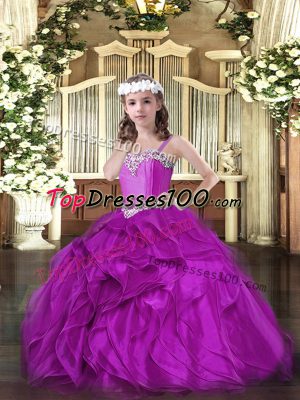 Fuchsia Ball Gowns Beading and Ruffles Kids Pageant Dress Lace Up Organza Sleeveless Floor Length