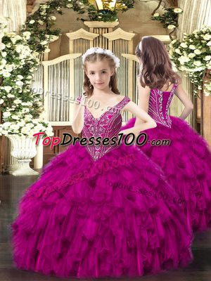 Sleeveless Organza Floor Length Lace Up Little Girls Pageant Dress in Fuchsia with Beading and Ruffles