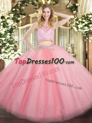 Vintage Baby Pink Two Pieces Tulle Scoop Sleeveless Beading Floor Length Zipper Quinceanera Gown