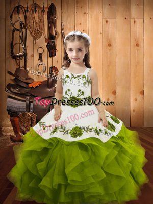 Olive Green Lace Up Girls Pageant Dresses Embroidery and Ruffles Sleeveless Floor Length