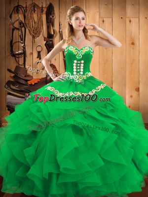 Green Ball Gowns Sweetheart Sleeveless Satin and Organza Floor Length Lace Up Embroidery Quinceanera Gown
