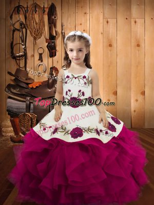 Amazing Straps Sleeveless Tulle Kids Pageant Dress Embroidery and Ruffles Lace Up