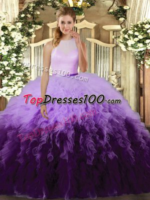 Multi-color Ball Gowns Tulle High-neck Sleeveless Ruffles Floor Length Backless Ball Gown Prom Dress