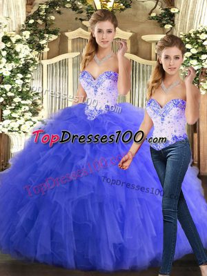 Blue Vestidos de Quinceanera Military Ball and Sweet 16 and Quinceanera with Beading and Ruffles Sweetheart Sleeveless Lace Up