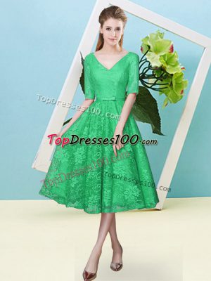 Turquoise Lace Up V-neck Bowknot Bridesmaid Dresses Lace Half Sleeves