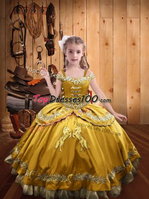Beading and Embroidery Girls Pageant Dresses Gold Lace Up Sleeveless Floor Length