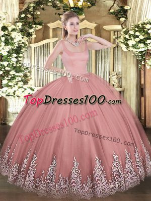 Simple Rust Red Ball Gowns Straps Sleeveless Tulle Floor Length Zipper Appliques Quinceanera Gown