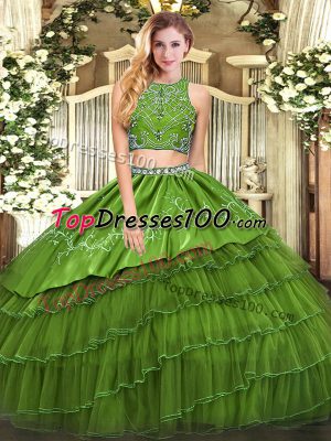 Wonderful Two Pieces Quinceanera Gown Olive Green High-neck Tulle Sleeveless Floor Length Zipper