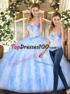 Lavender Organza Lace Up Quinceanera Gowns Sleeveless Floor Length Beading and Ruffles