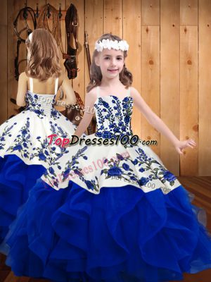 High Class Royal Blue Ball Gowns Organza Straps Sleeveless Embroidery and Ruffles Floor Length Lace Up Little Girls Pageant Dress