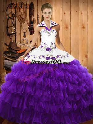 Purple Lace Up Halter Top Embroidery and Ruffled Layers Vestidos de Quinceanera Organza Sleeveless