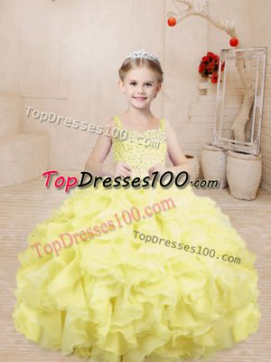 Light Yellow Lace Up Casual Dresses Beading and Ruffles Sleeveless Floor Length