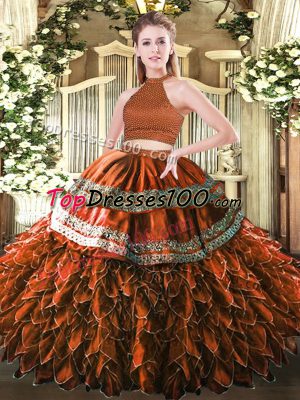 Custom Designed Rust Red Sleeveless Beading and Embroidery and Ruffles Floor Length Quinceanera Gowns