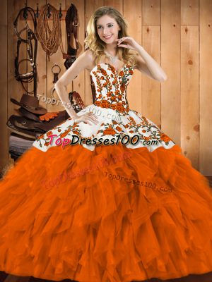 High Class Sweetheart Sleeveless Lace Up Quinceanera Dresses Rust Red Satin and Organza
