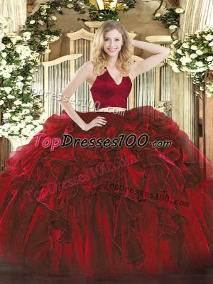 Ruffles Vestidos de Quinceanera Wine Red Zipper Sleeveless Floor Length