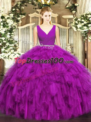 Pretty Fuchsia Sleeveless Tulle Zipper Sweet 16 Quinceanera Dress for Military Ball and Sweet 16 and Quinceanera