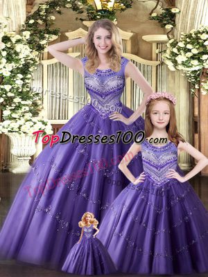 Eggplant Purple Sleeveless Tulle Lace Up Quinceanera Gowns for Military Ball and Sweet 16 and Quinceanera