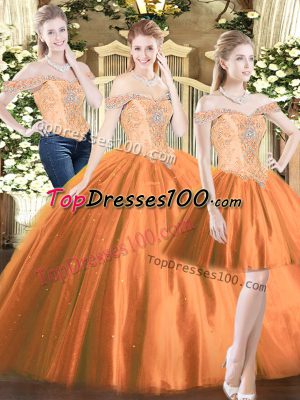 Orange Red Off The Shoulder Lace Up Beading 15th Birthday Dress Sleeveless