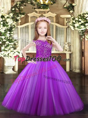 Cheap Lavender Ball Gowns Tulle Scoop Sleeveless Beading Floor Length Zipper Little Girls Pageant Gowns