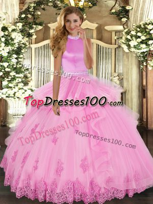 Rose Pink Backless Sweet 16 Dress Beading and Ruffles Sleeveless Floor Length
