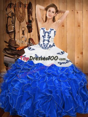 Graceful Blue And White Satin and Organza Lace Up Sweet 16 Quinceanera Dress Sleeveless Floor Length Embroidery and Ruffles