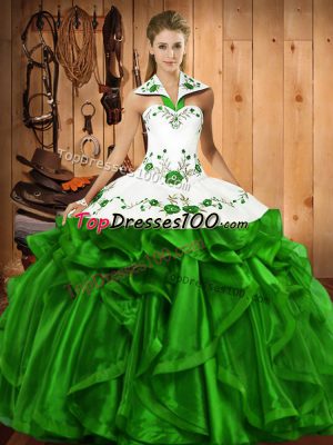 Ball Gowns Embroidery and Ruffles Sweet 16 Dresses Lace Up Satin and Organza Sleeveless Floor Length