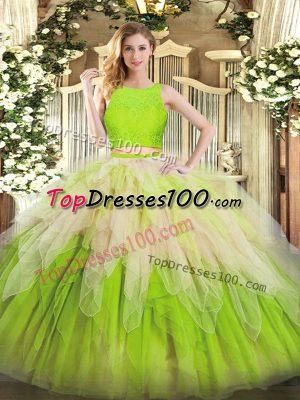 Scoop Sleeveless Zipper Quince Ball Gowns Yellow Green Organza