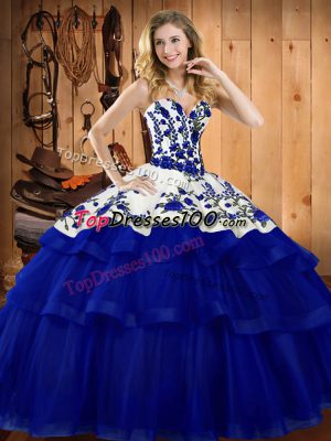 Royal Blue Organza Lace Up Sweet 16 Dresses Sleeveless Sweep Train Embroidery